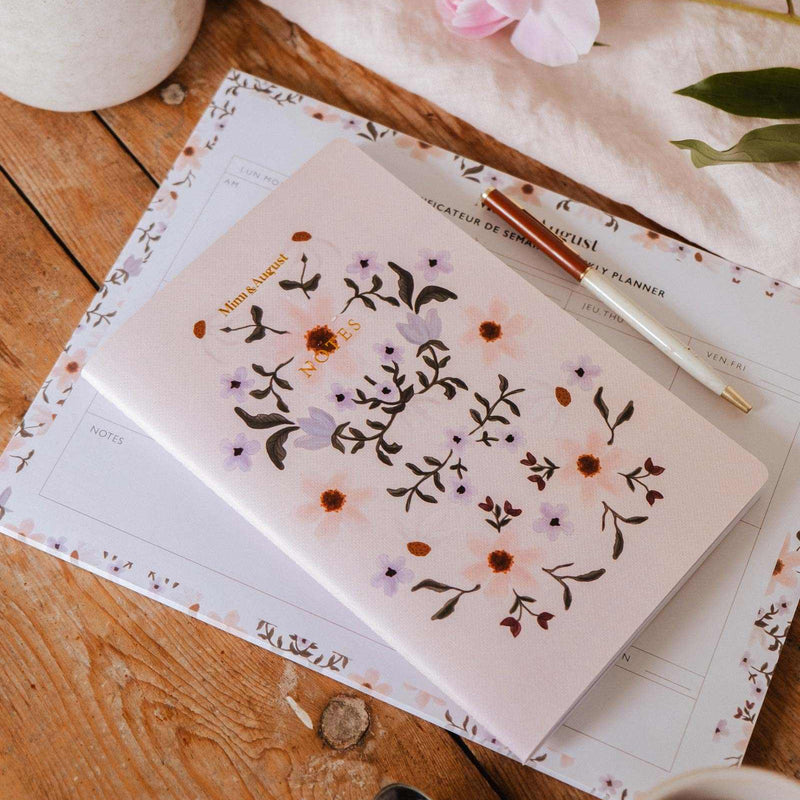 Notebook with floral design on a wooden surface with a cup of coffee and spoon.