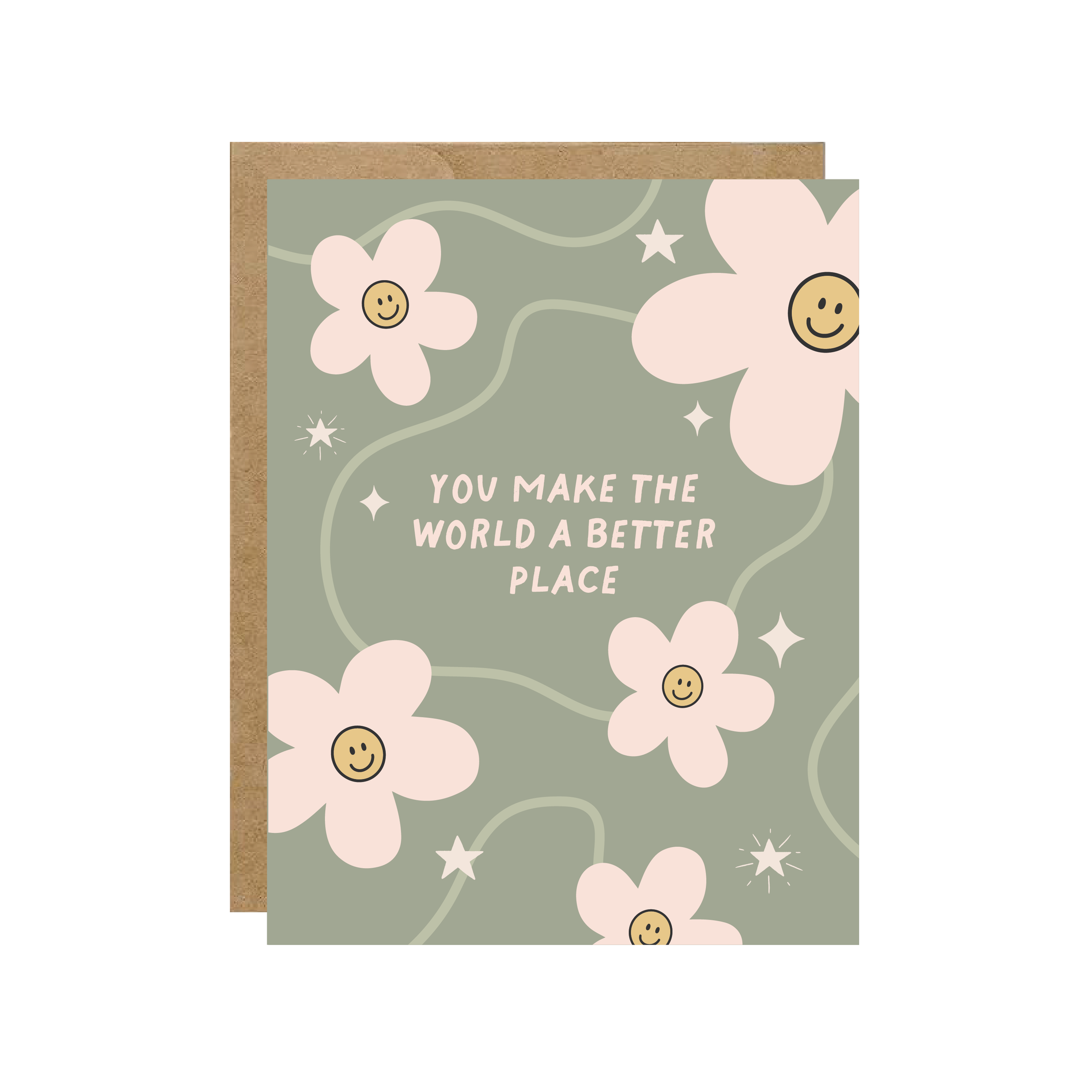 Card with pink flowers and text on a green background