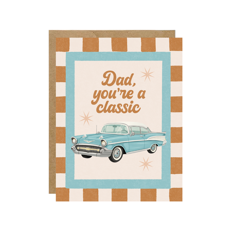 Greeting card with vintage car illustration and text 'Dad, you're a classic' on a striped background