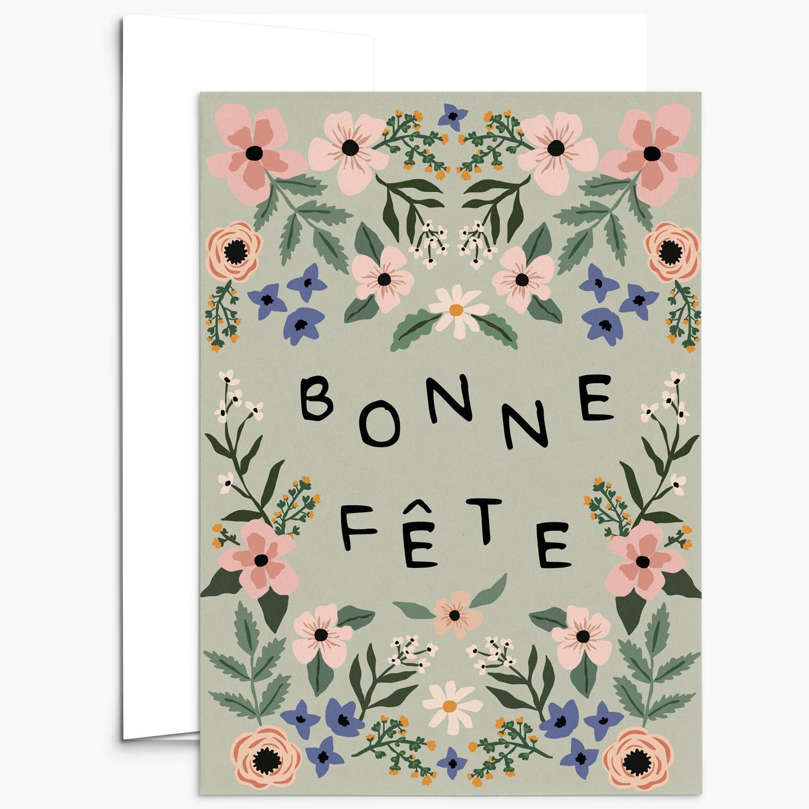 Greeting card with floral design and 'Bonne Fète' text on a light green background