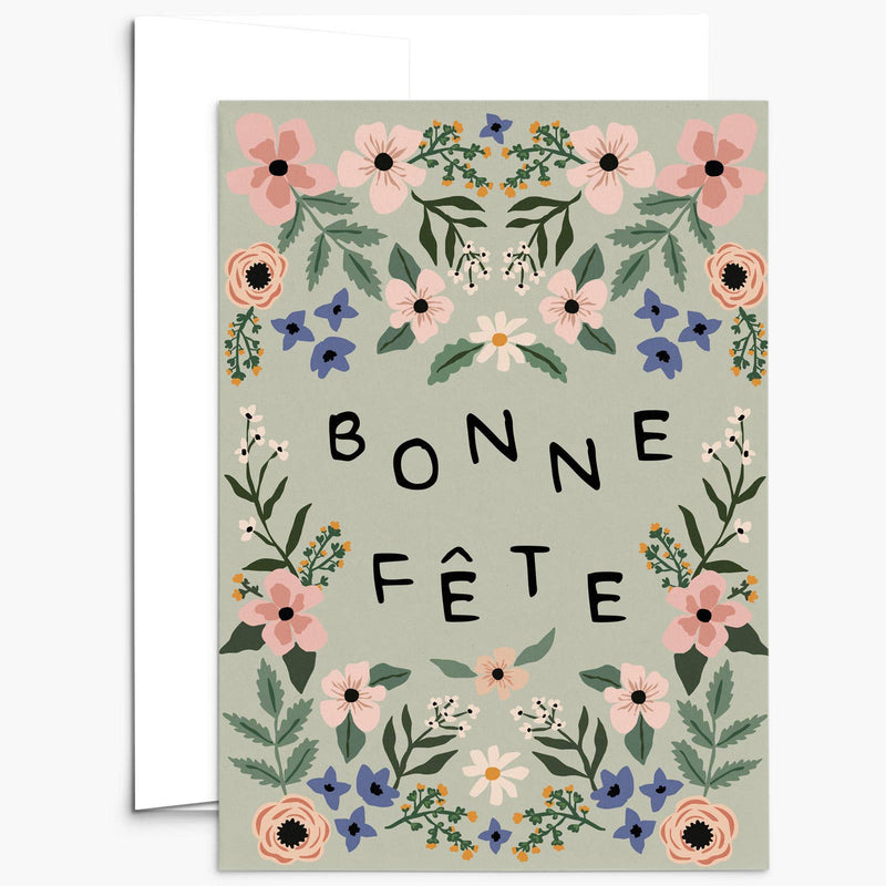 Greeting card with floral design and 'Bonne Fète' text on a light green background