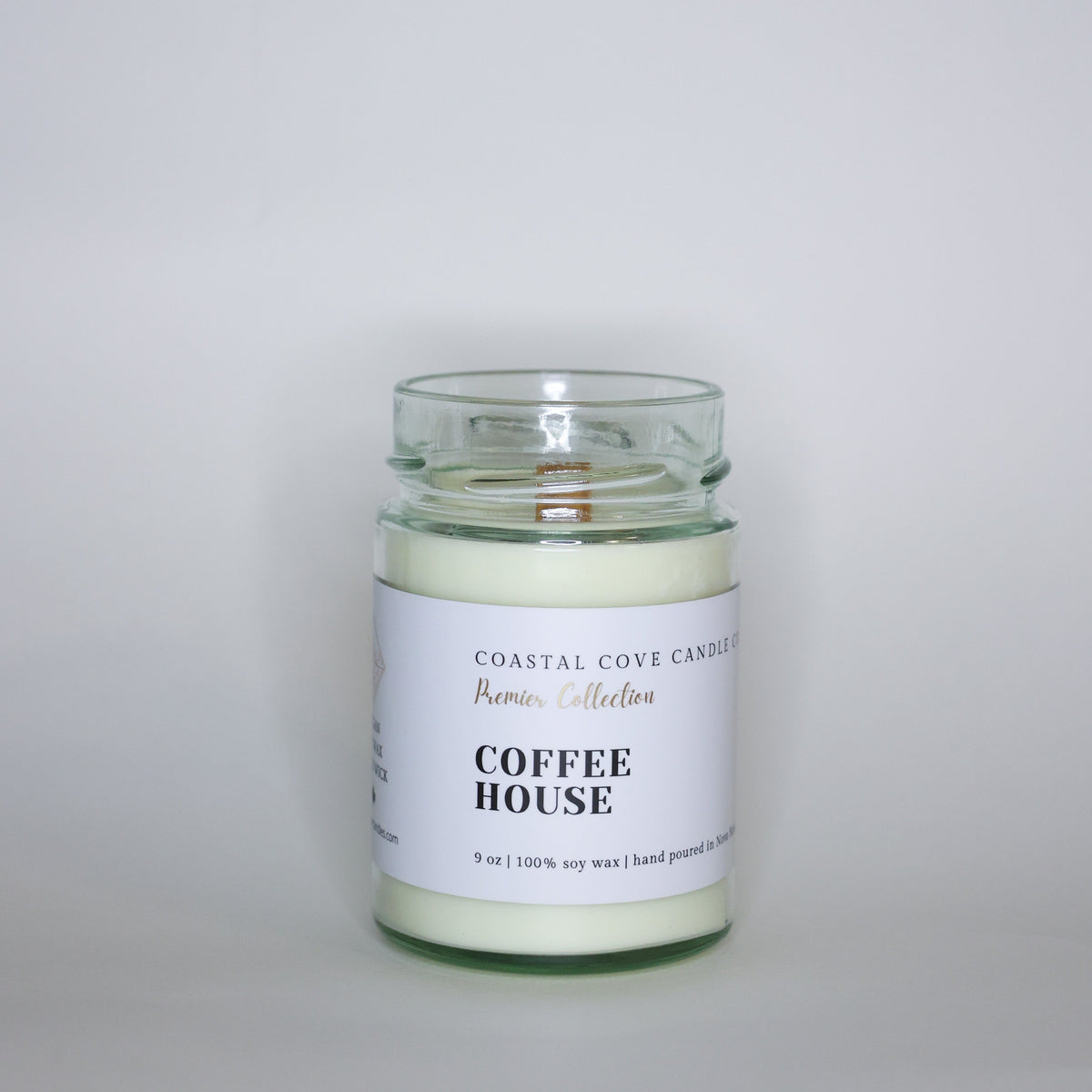 Image of a handcrafted soy wax candle with a wooden wick